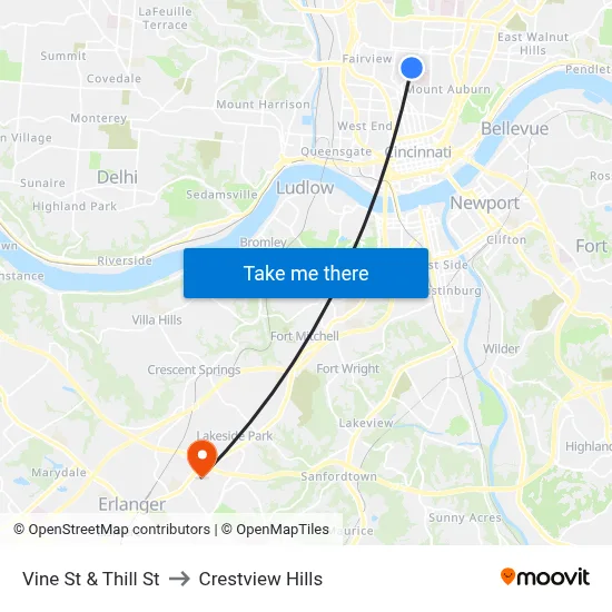 Vine St & Thill St to Crestview Hills map