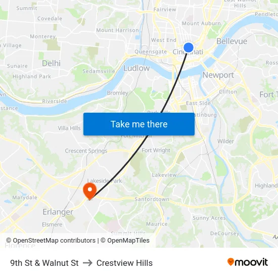 9th St & Walnut St to Crestview Hills map