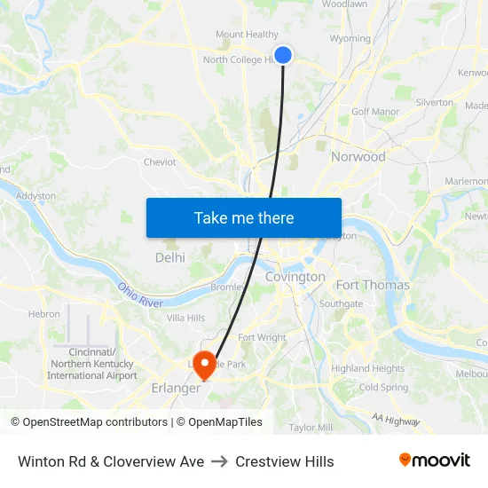 Winton Rd & Cloverview Ave to Crestview Hills map