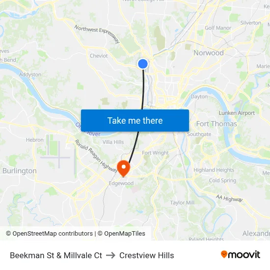Beekman St & Millvale Ct to Crestview Hills map
