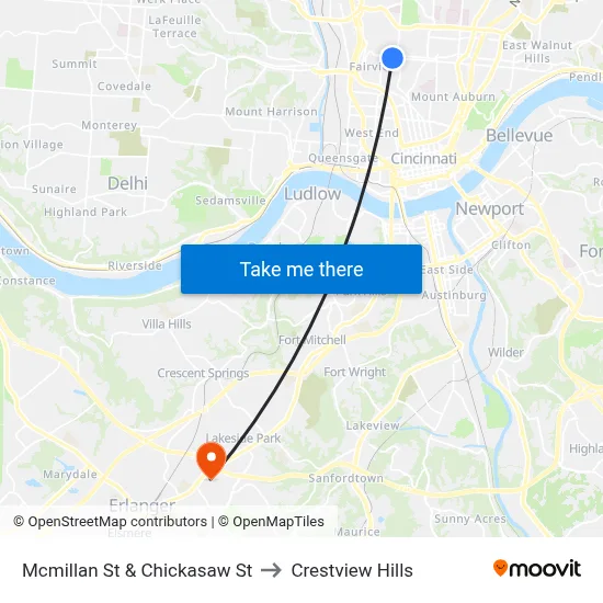 Mcmillan St & Chickasaw St to Crestview Hills map