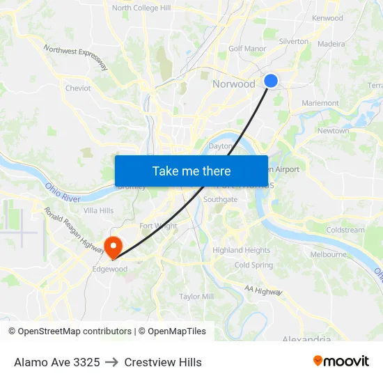 Alamo Ave 3325 to Crestview Hills map