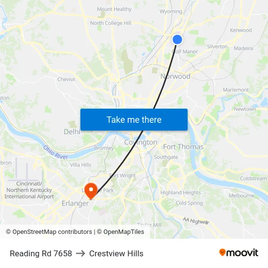 Reading Rd 7658 to Crestview Hills map