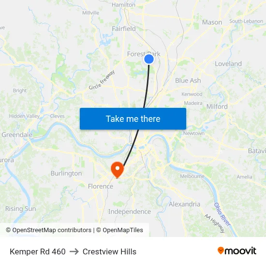 Kemper Rd 460 to Crestview Hills map
