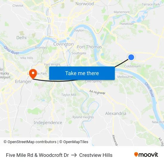 Five Mile Rd & Woodcroft Dr to Crestview Hills map