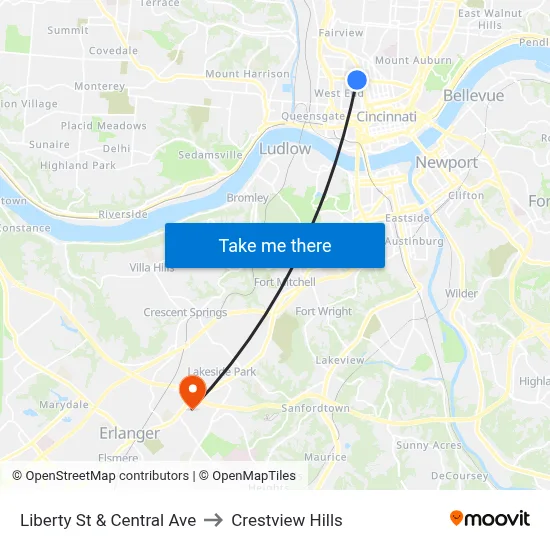 Liberty St & Central Ave to Crestview Hills map