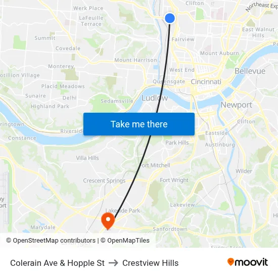 Colerain Ave & Hopple St to Crestview Hills map