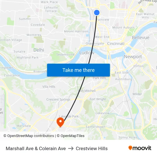 Marshall Ave & Colerain Ave to Crestview Hills map
