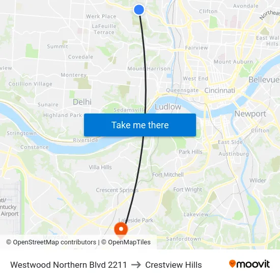 Westwood Northern Blvd 2211 to Crestview Hills map