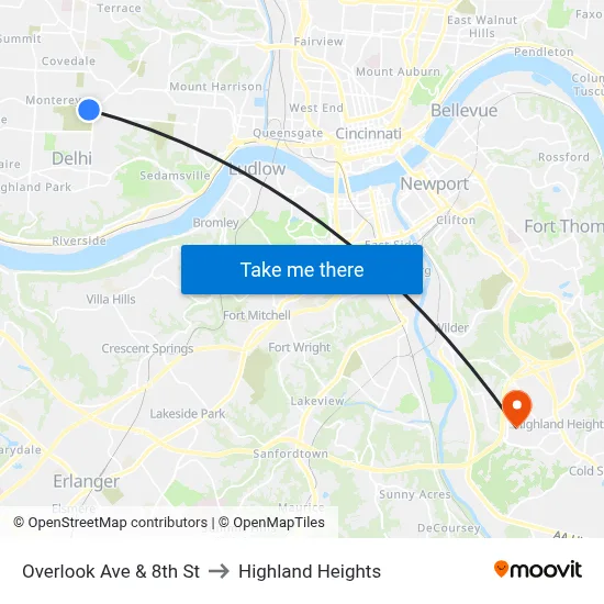 Overlook Ave & 8th St to Highland Heights map