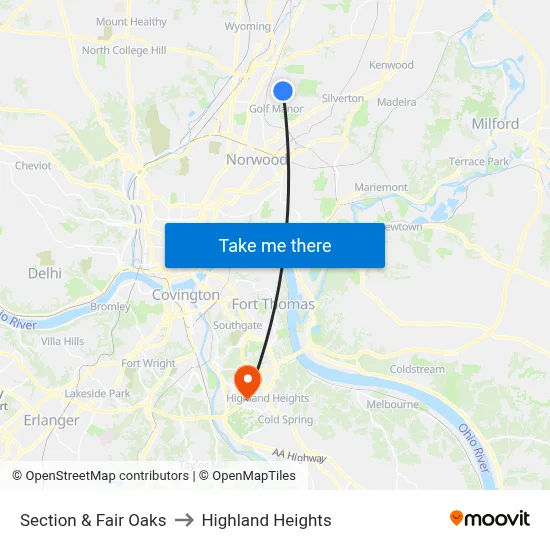 Section & Fair Oaks to Highland Heights map