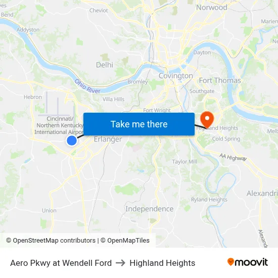 Aero Pkwy at Wendell Ford to Highland Heights map
