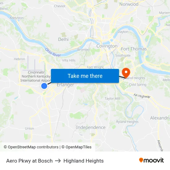 Aero Pkwy at Bosch to Highland Heights map