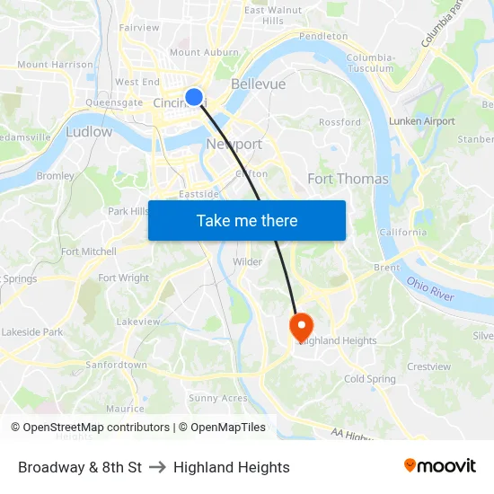 Broadway & 8th St to Highland Heights map
