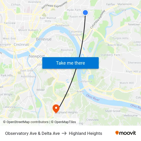 Observatory Ave & Delta Ave to Highland Heights map