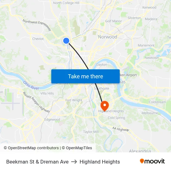 Beekman St & Dreman Ave to Highland Heights map