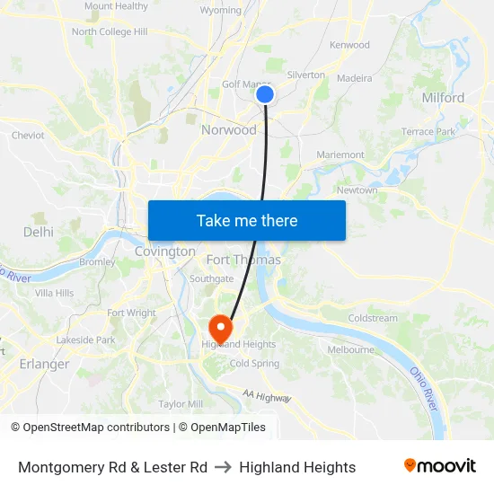 Montgomery Rd & Lester Rd to Highland Heights map