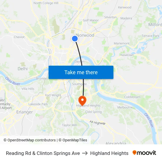 Reading Rd & Clinton Springs Ave to Highland Heights map