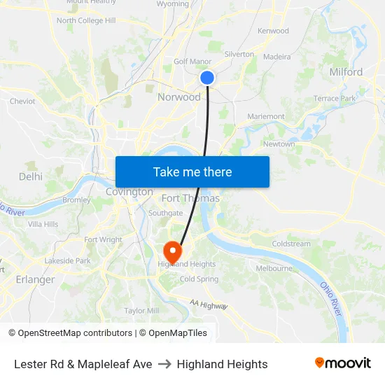 Lester Rd & Mapleleaf Ave to Highland Heights map