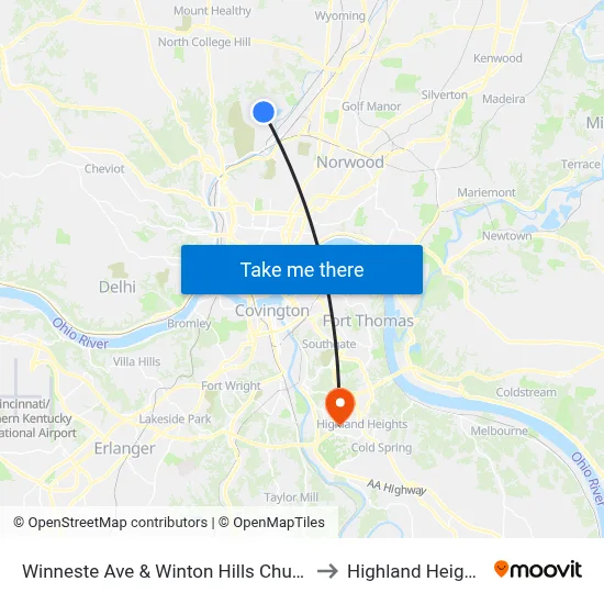 Winneste Ave & Winton Hills Church to Highland Heights map
