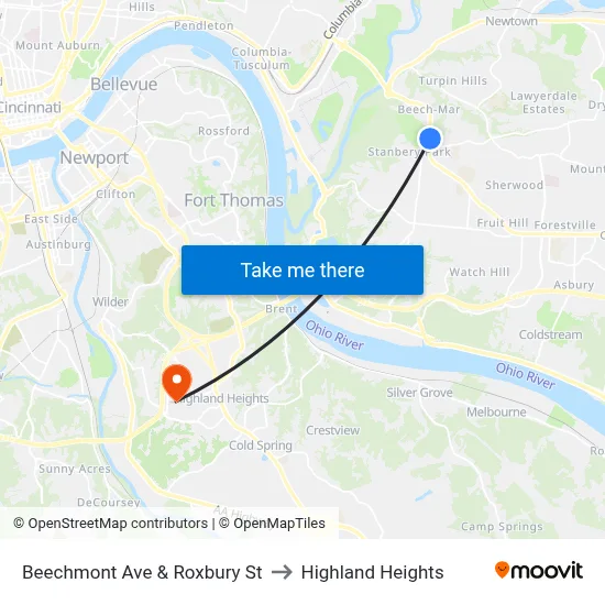 Beechmont Ave & Roxbury St to Highland Heights map