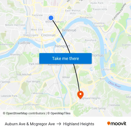 Auburn Ave & Mcgregor Ave to Highland Heights map
