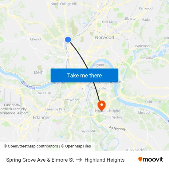 Spring Grove Ave & Elmore St to Highland Heights map