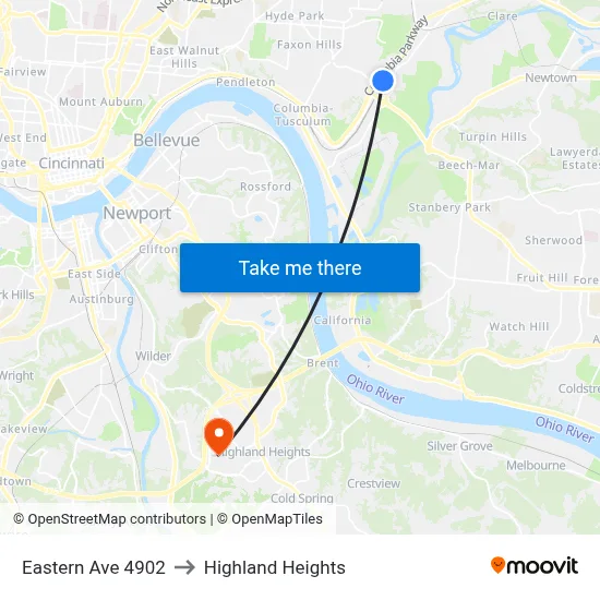 Eastern Ave 4902 to Highland Heights map