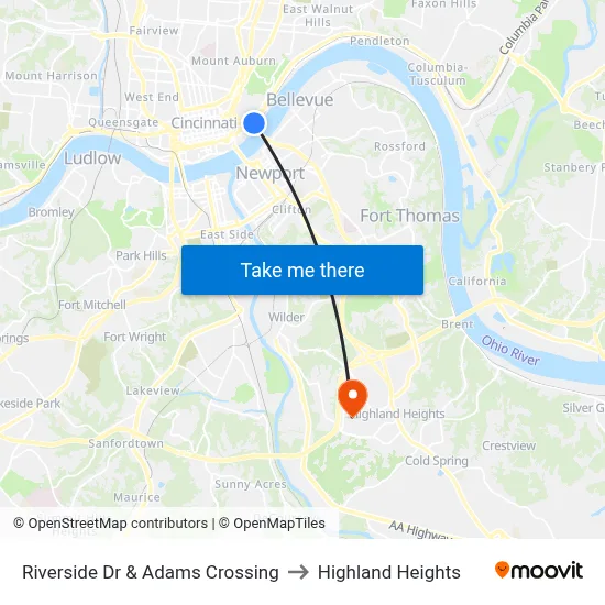 Riverside Dr & Adams Crossing to Highland Heights map