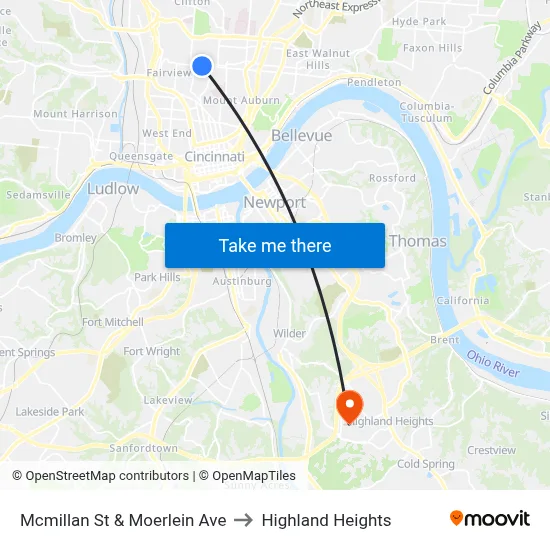 Mcmillan St & Moerlein Ave to Highland Heights map