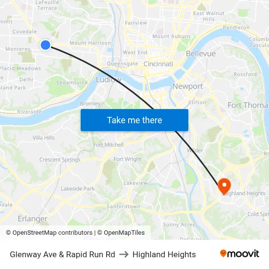 Glenway Ave & Rapid Run Rd to Highland Heights map