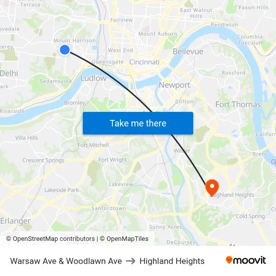 Warsaw Ave & Woodlawn Ave to Highland Heights map