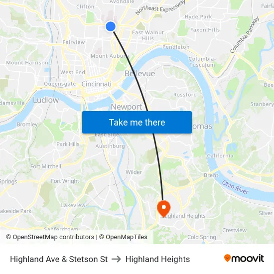 Highland Ave & Stetson St to Highland Heights map