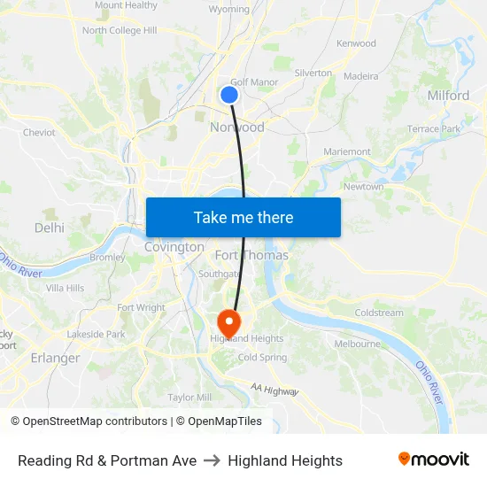 Reading Rd & Portman Ave to Highland Heights map