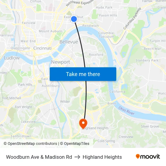 Woodburn Ave & Madison Rd to Highland Heights map