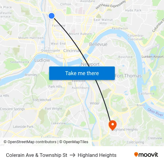 Colerain Ave & Township St to Highland Heights map