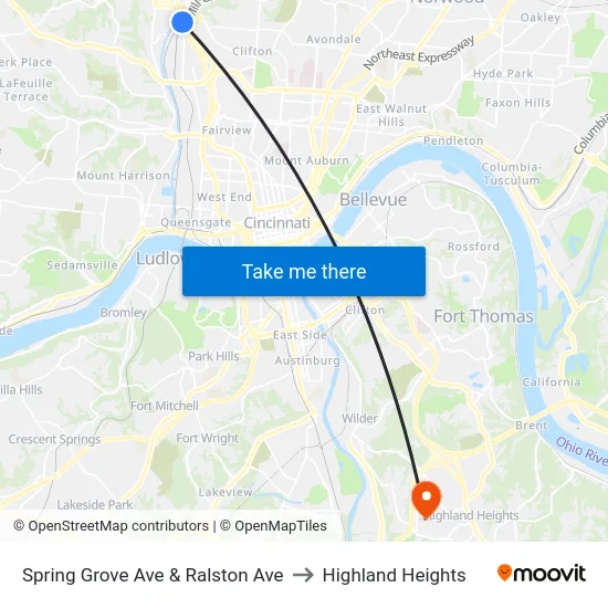 Spring Grove Ave & Ralston Ave to Highland Heights map