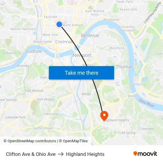 Clifton Ave & Ohio Ave to Highland Heights map