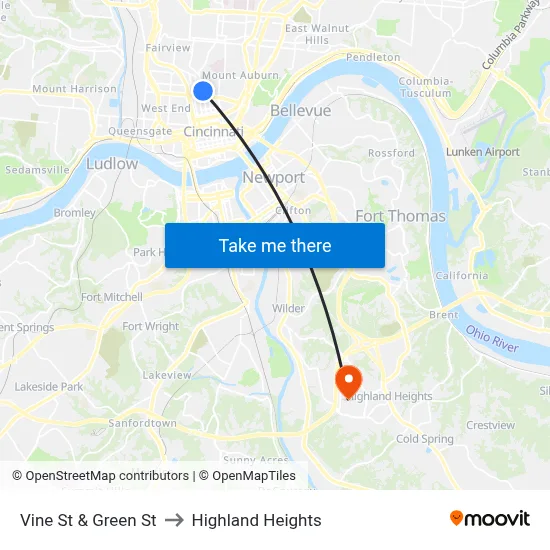 Vine St & Green St to Highland Heights map