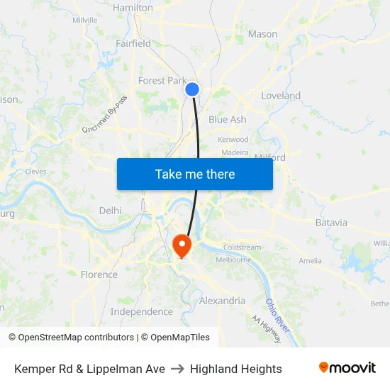 Kemper Rd & Lippelman Ave to Highland Heights map