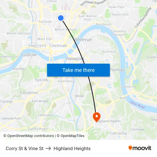 Corry St & Vine St to Highland Heights map