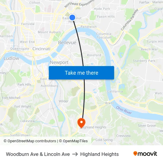 Woodburn Ave & Lincoln Ave to Highland Heights map