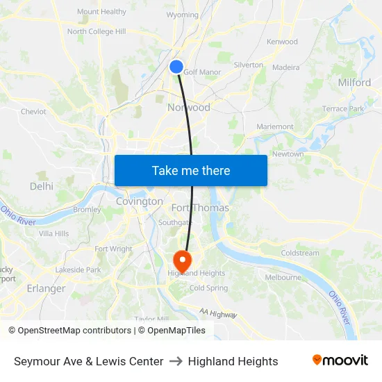 Seymour Ave & Lewis Center to Highland Heights map