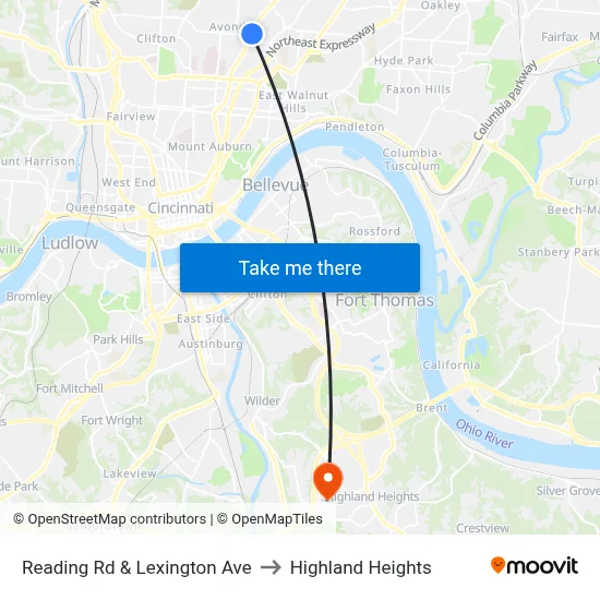 Reading Rd & Lexington Ave to Highland Heights map
