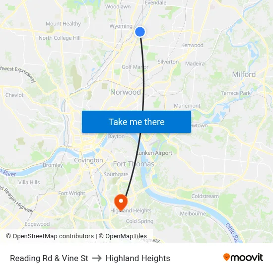 Reading Rd & Vine St to Highland Heights map