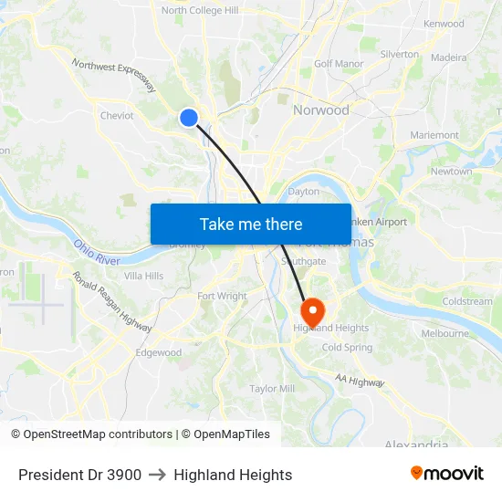 President Dr 3900 to Highland Heights map