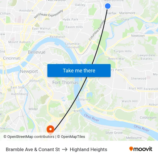 Bramble Ave & Conant St to Highland Heights map