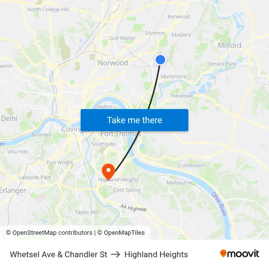 Whetsel Ave & Chandler St to Highland Heights map
