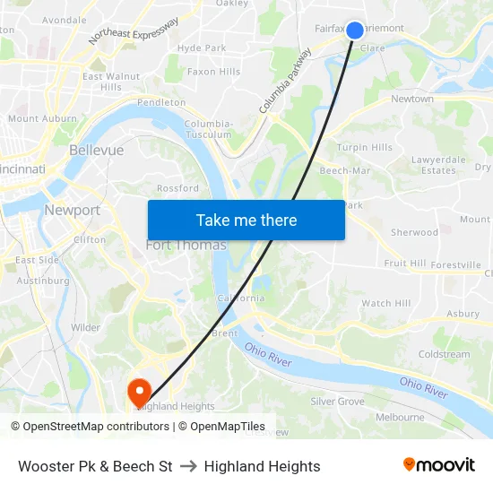 Wooster Pk & Beech St to Highland Heights map