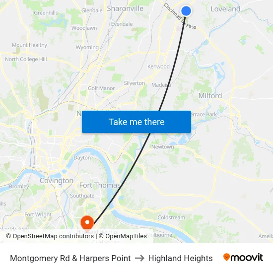 Montgomery Rd & Harpers Point to Highland Heights map